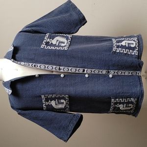 Men's Vintage Handcrafted Blue Short Sleeve Cotton Skirt White Embroidery